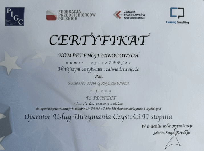 Certyfikat zawodowy operator usług utrzymania czystości