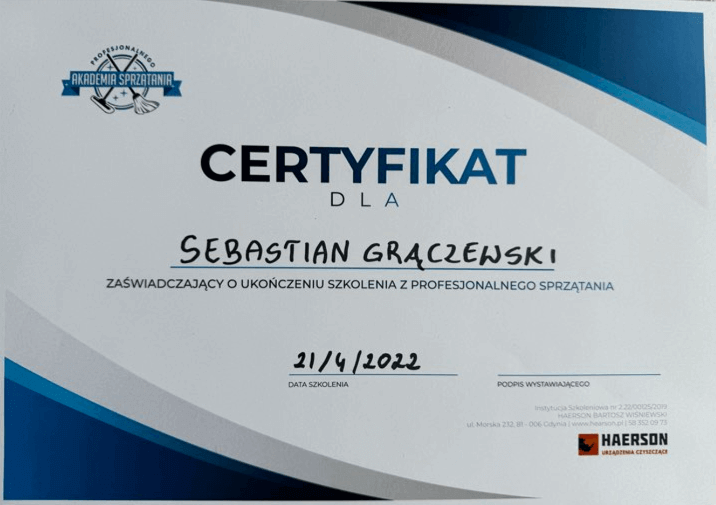 Certyfikat ukończenia szkolenia z profesjonalnego sprzątania