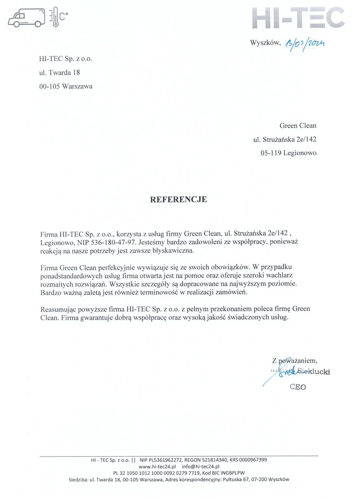 Referencja od firmy Hi-Tec dla firmy Green Clean