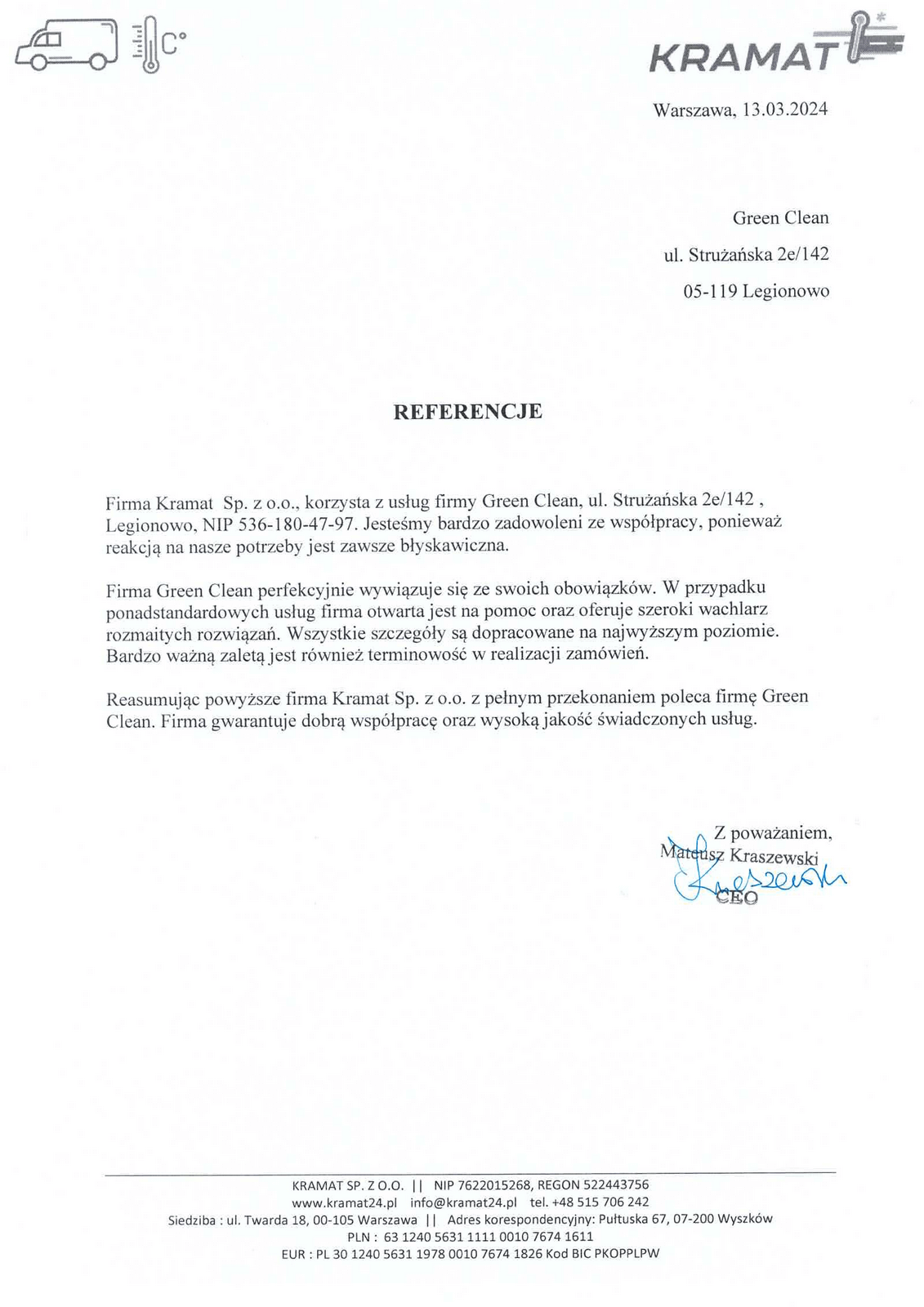 Referencja od firmy Kramat dla firmy Green Clean