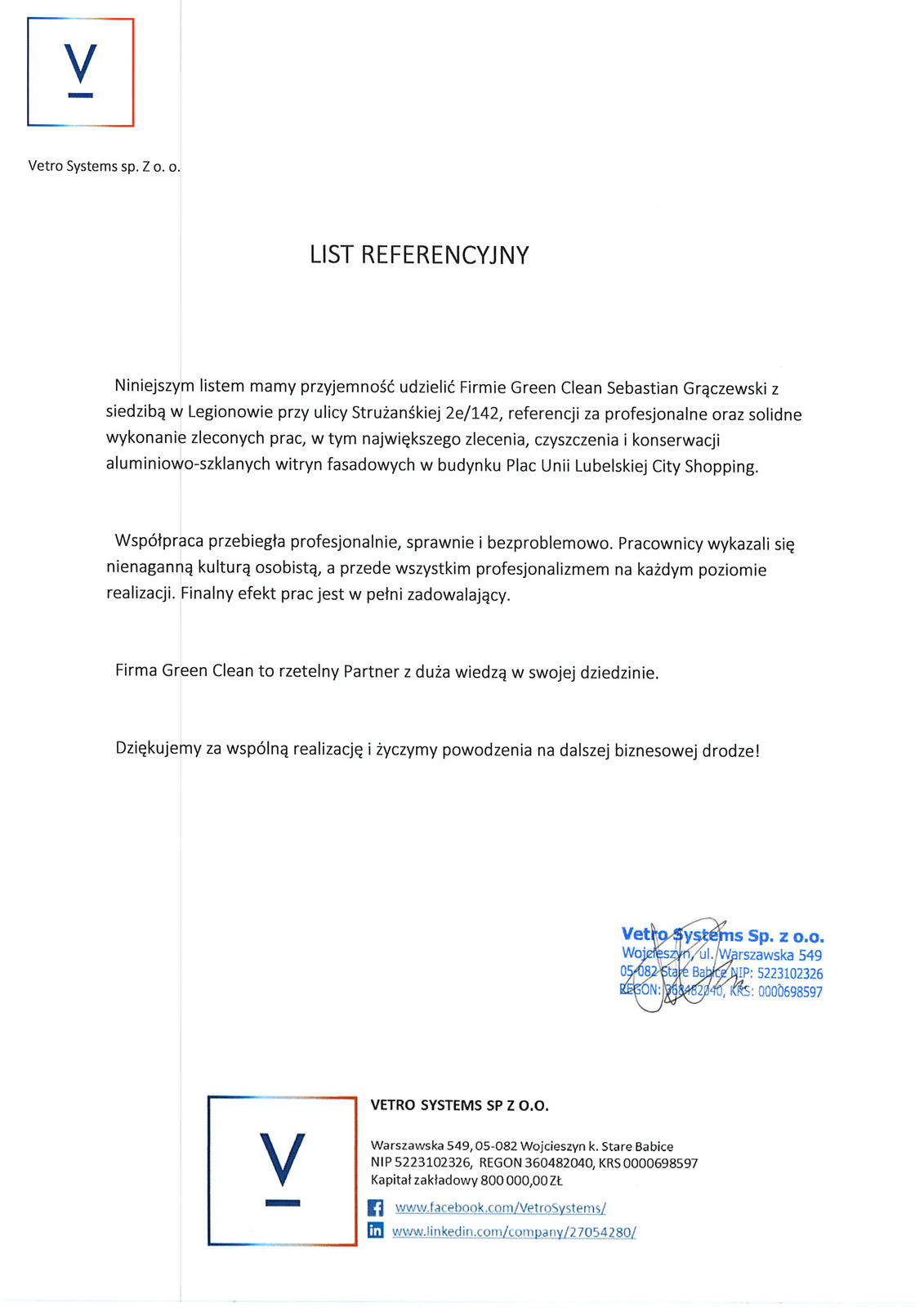 List referencyjny od firmy Vetro Systems dla firmy Green Clean