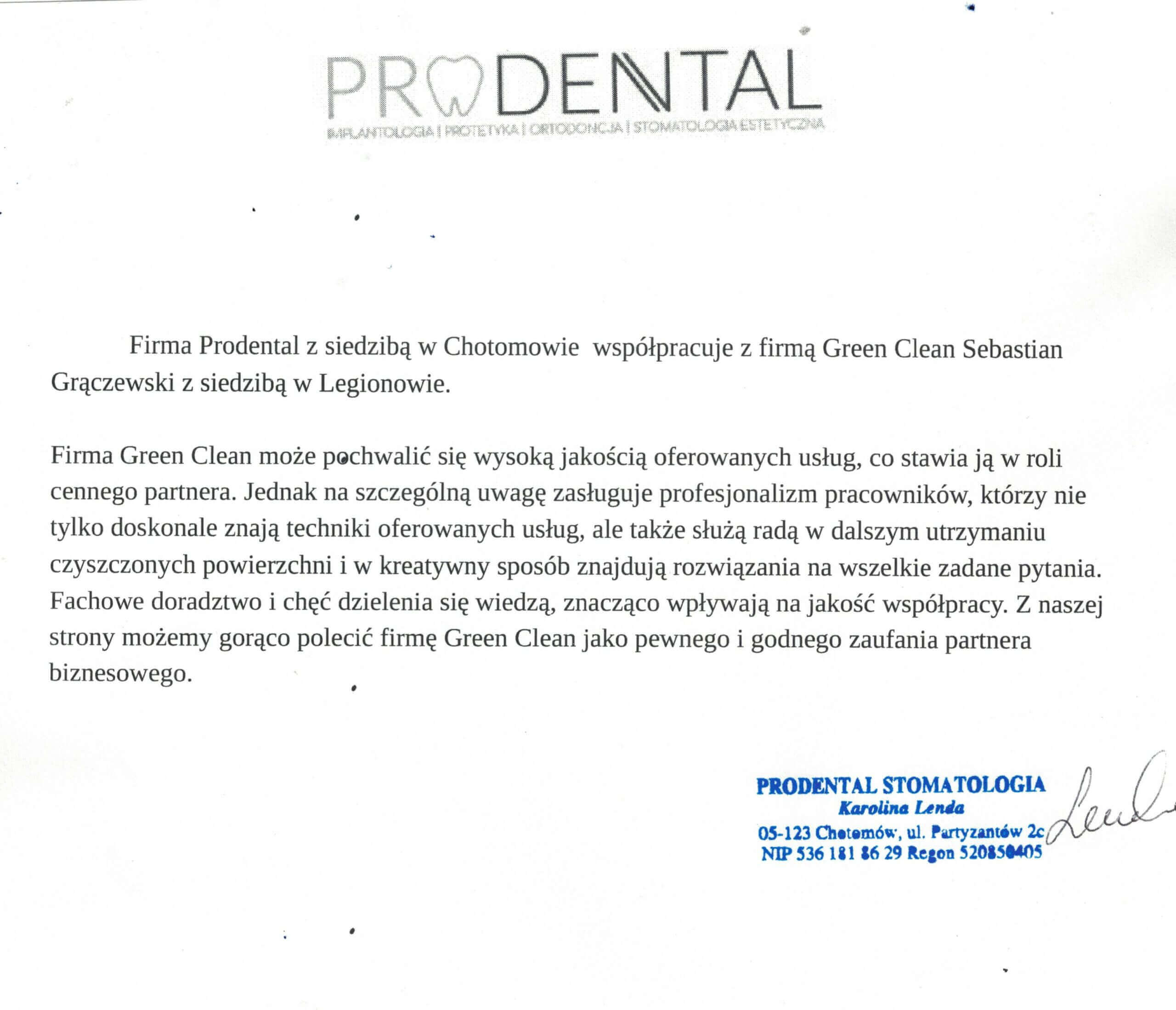Referencje od firmy Prodental dla firmy Green Clean
