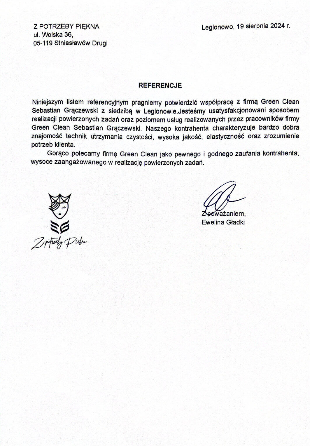 Referencje od firmy Z Potrzeby Piękna dla firmy Green Clean