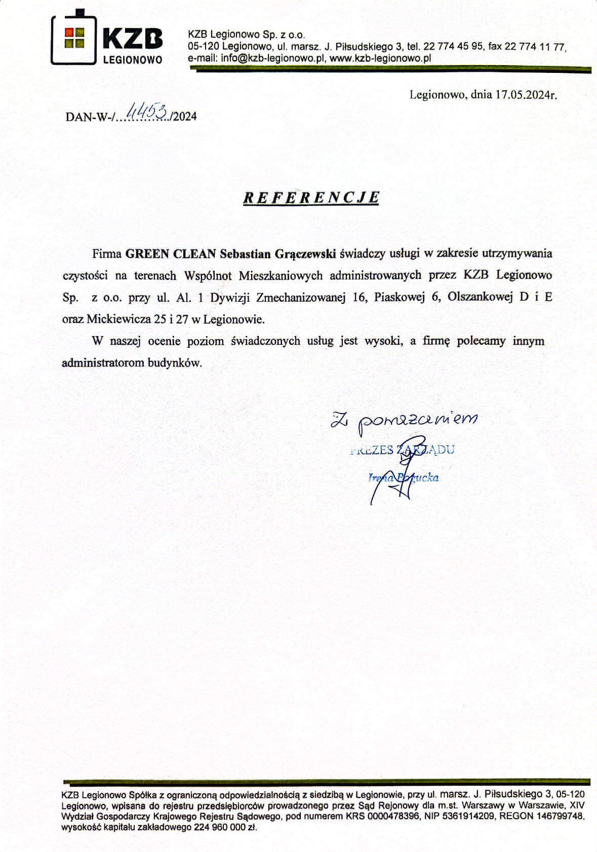 Referencje od firmy KZB Legionowo dla firmy Green Clean