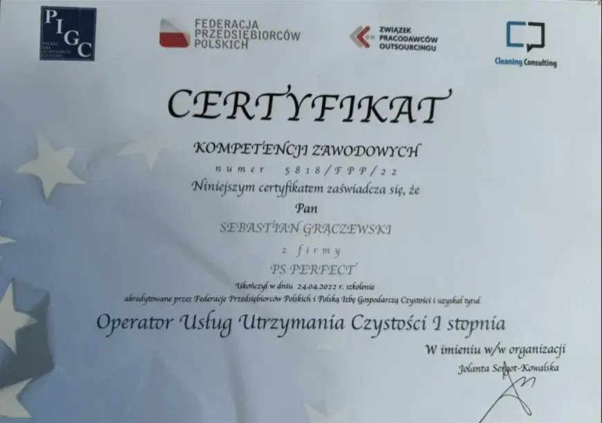 Certyfikat kompetencji zawodowych (utrzymanie czystości)
