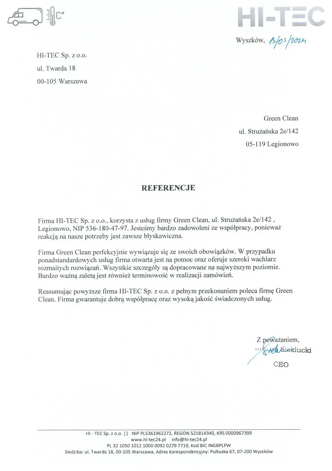 Referencja od firmy Hi-Tec dla firmy Green Clean