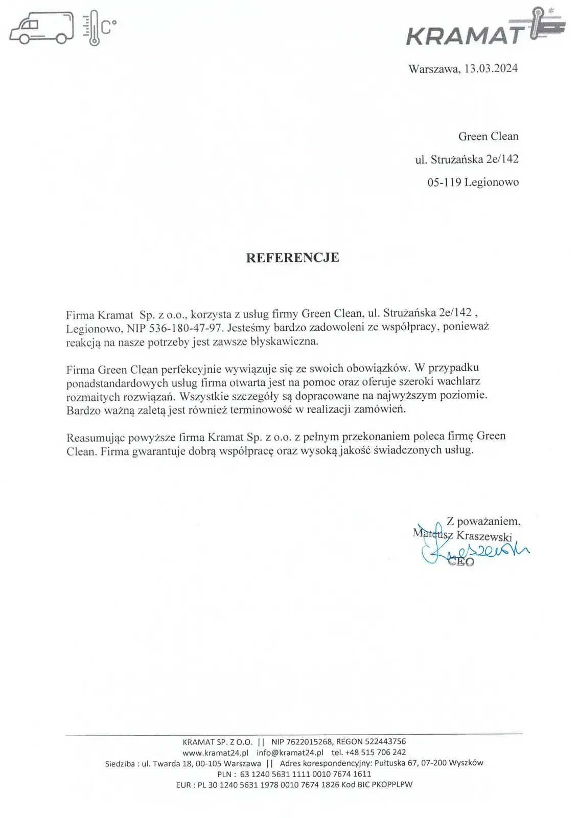 Referencja od firmy Kramat dla firmy Green Clean