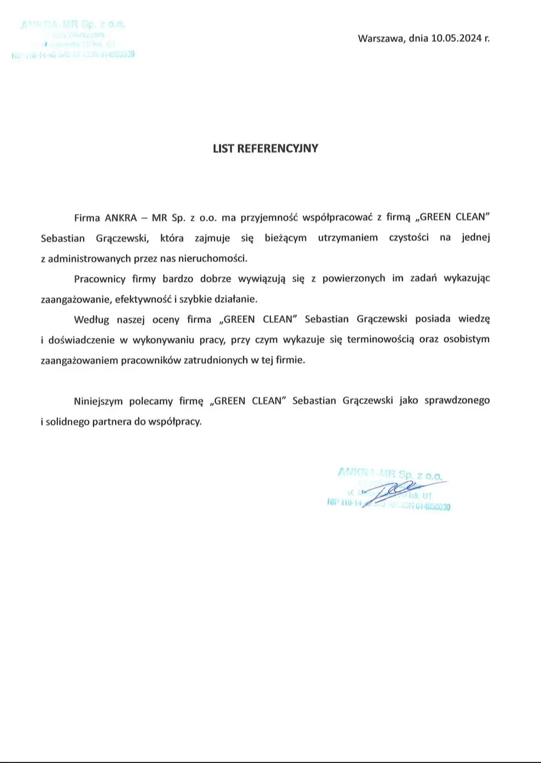 List referencyjny od firmy ANKRA - MR dla firmy Green Clean