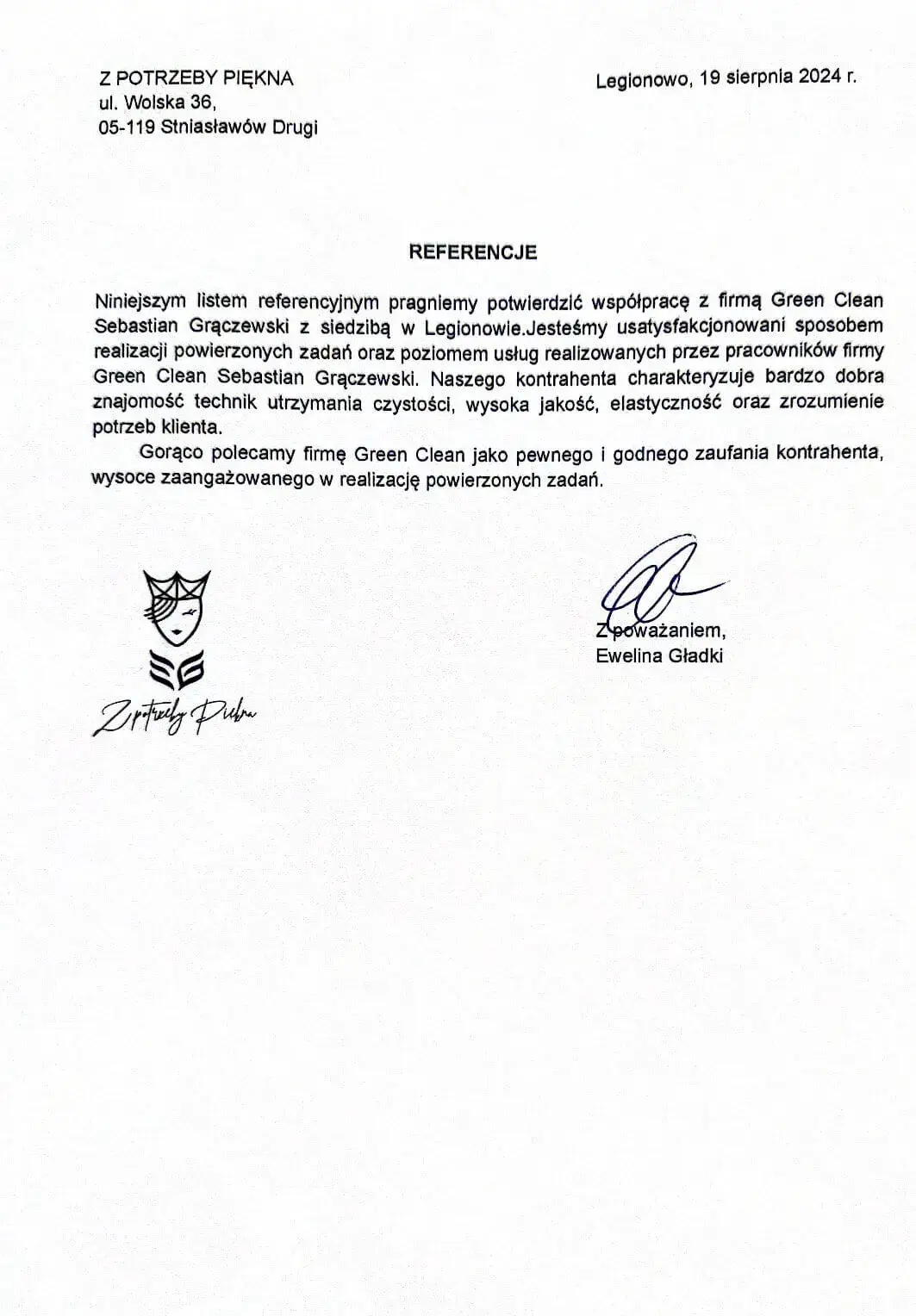 Referencje od firmy Z Potrzeby Piękna dla firmy Green Clean